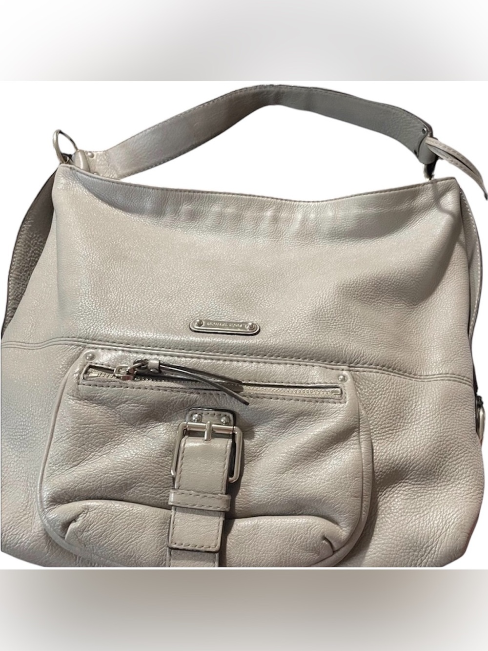 Michael Kors Pebbled Leather Hobo Shoulder Bag Light Gray Large Slouchy Purse - Picture 3 of 10